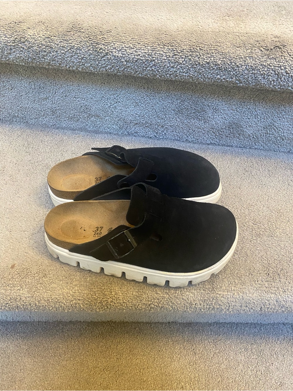 Birkenstock Black Suede Clog Mules with White Platform Sole